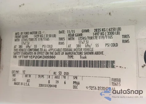 2016 Ford F-150 Xl из США, поврежденный, VIN 1FTMF1EP2GKD05560